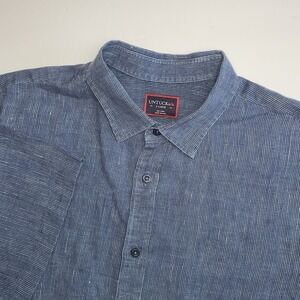 UNTUCKit 100% Linen Canon Shirt Men XL Short Sleeve Blue White Striped Button Up